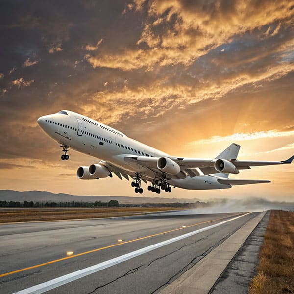 An airplane takes off during sunset, demonstrating the importance of high-precision inertial navigation systems.