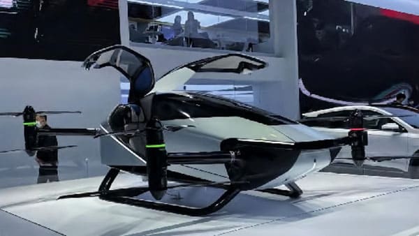 Flying car at a futuristic exhibition