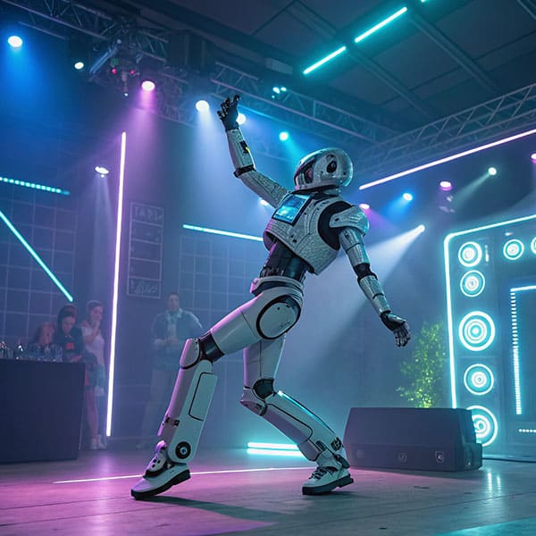 A robot performs a dance on stage, powered by advanced robotics and MEMS IMUs.