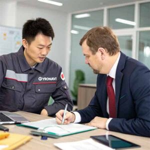 A Chinese engineer and a foreign client discussing product specifications.