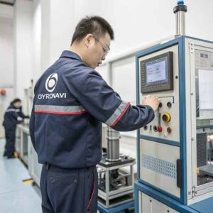 An engineer working on product testing in a factory with testing equipment.