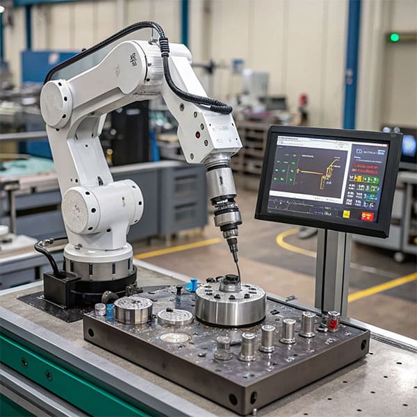 An industrial robotic arm operates precision tools in a factory, assisted by advanced accelerometers and gyroscopic sensors.