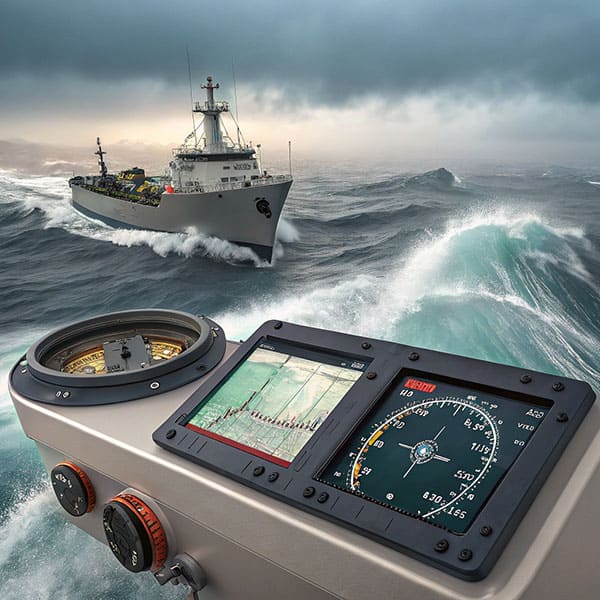 A marine vessel’s navigation system uses fiber optic gyroscopes and accelerometers for precise control in rough seas.